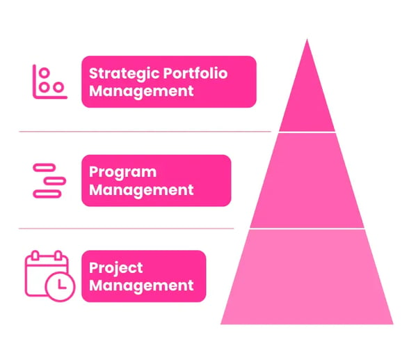 A pyramid hierarchy of Strategic Portfolio Management, compared to Program Management and Project Management