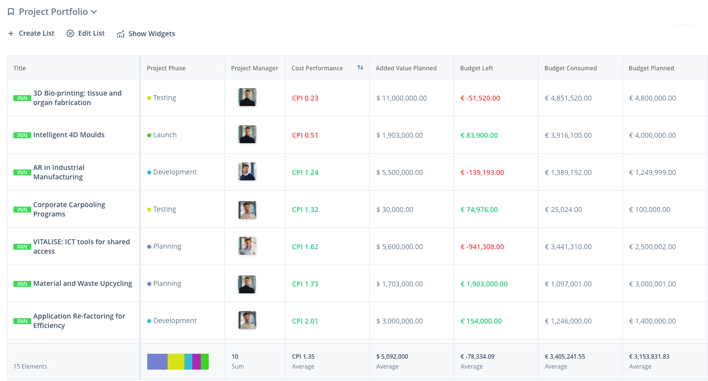 Project portfolio view in the ITONICS Lists tool