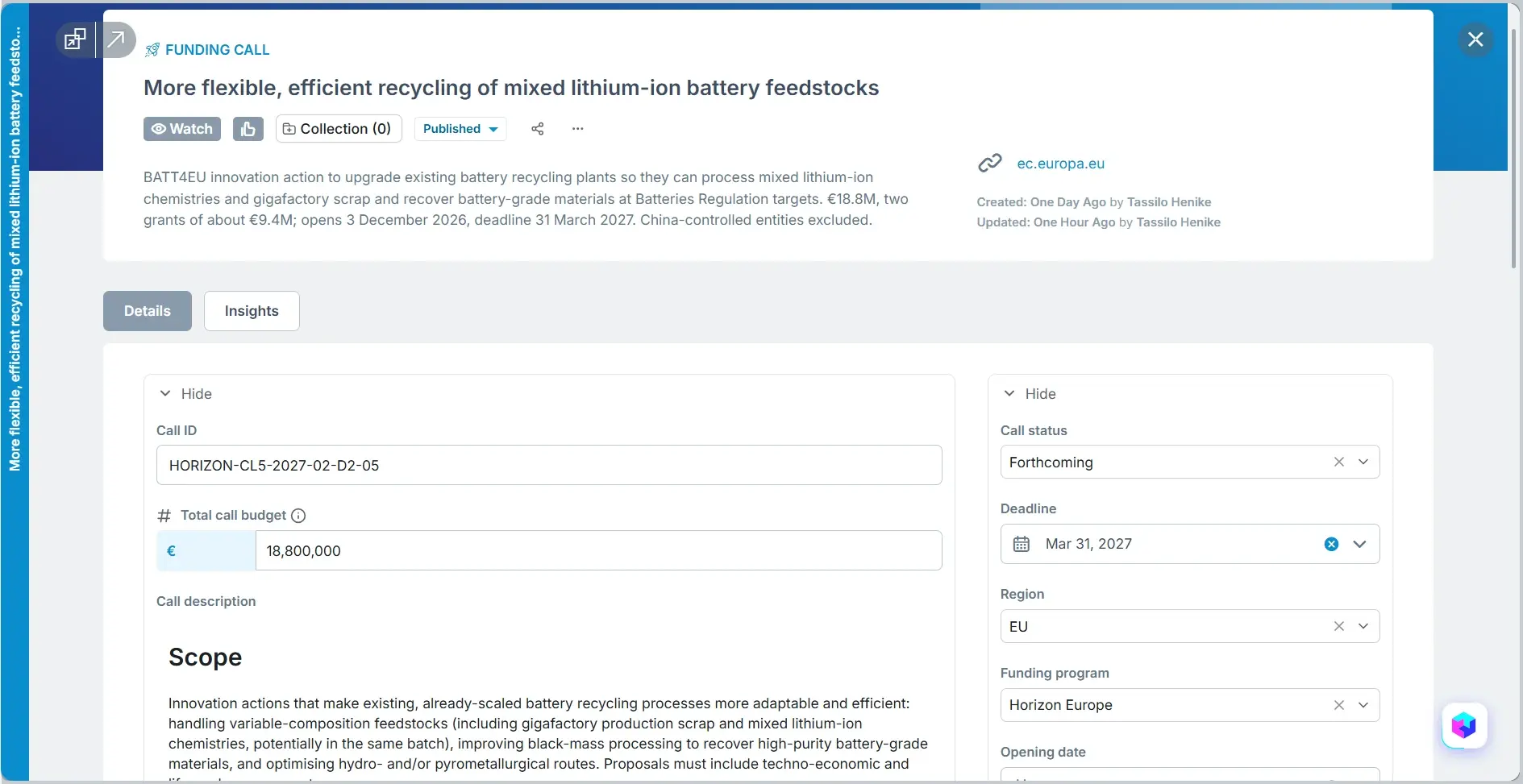 Funding call Recycling of mixed lithium-ion battery feedstocks details shown inside ITONICS
