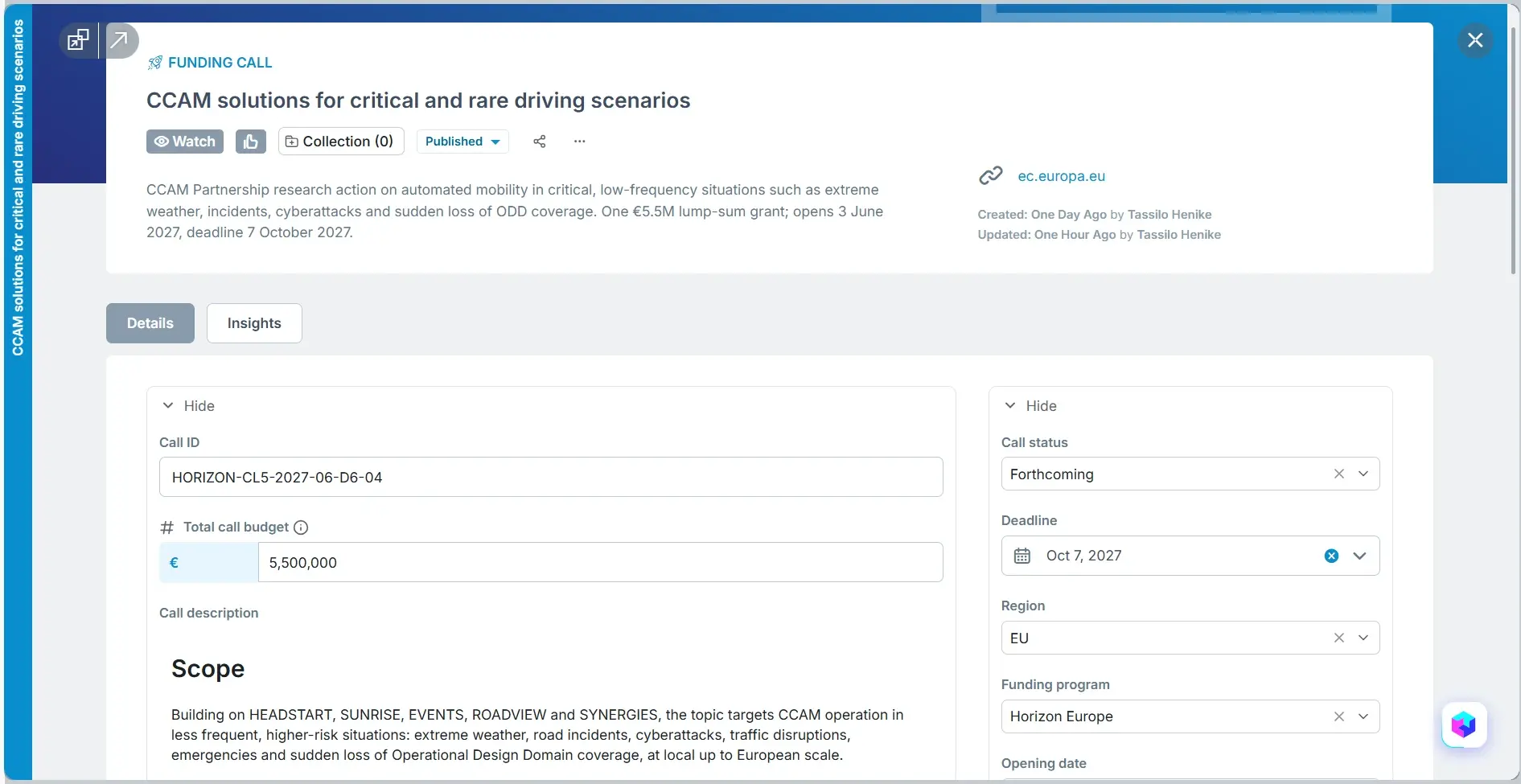ITONICS Funding call details displayed_Automated driving in critical scenarios