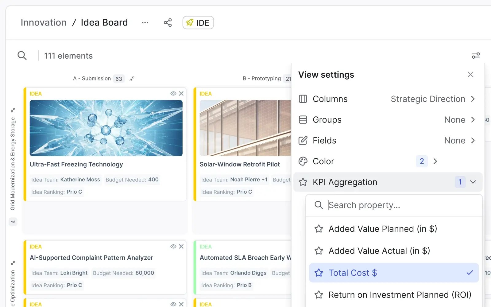 A project portfolio board with KPI aggregation