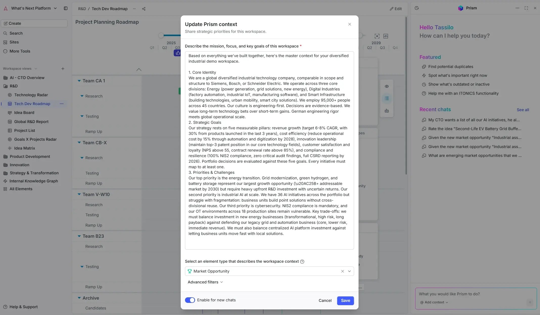 Strategic context setting in ITONICS