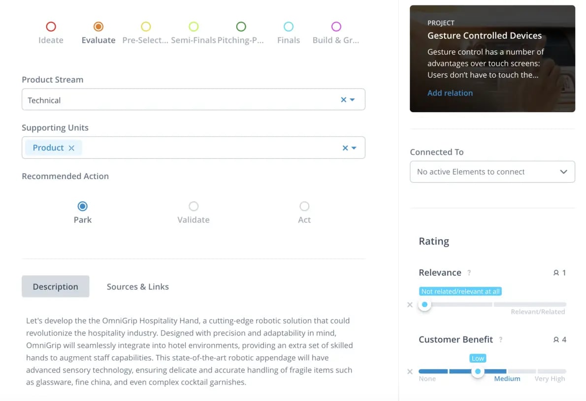 A screenshot of ITONICS software showing an idea rated low on relevance