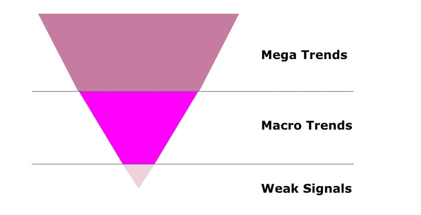 Inverted triangle hierarchy of weak signals, macro, trends, and megatrends