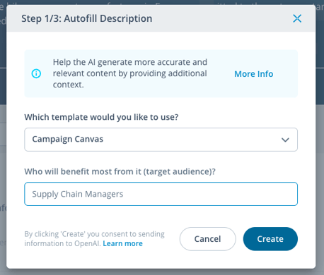 A screenshot of selecting a communication template and target audience for generative AI in ITONICS software