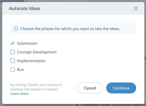 A screenshot of options when autorating innovation ideas in ITONICS software