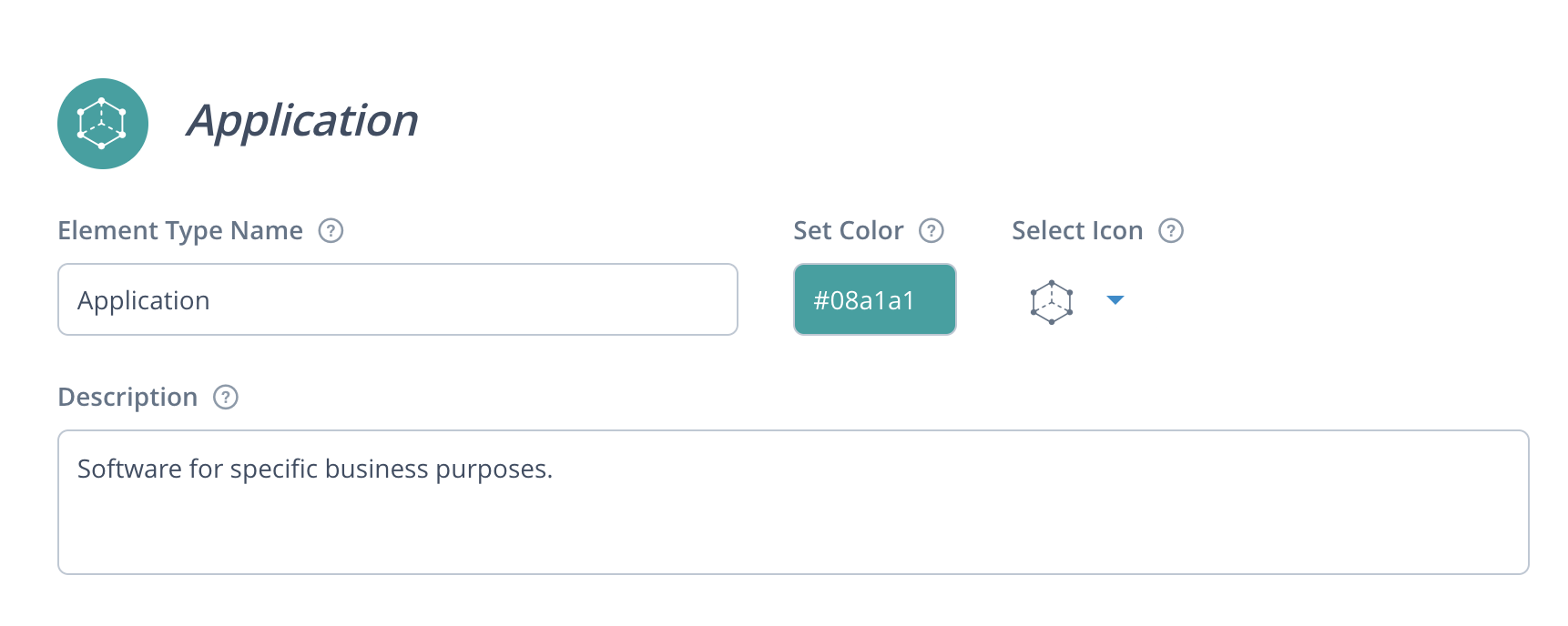 A screenshot of setting up an application element on the ITONICS platform