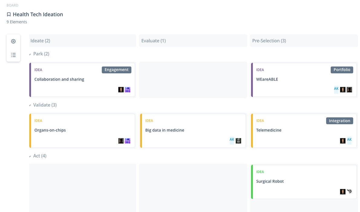 A screenshot of ideas on a Kanban Board in ITONICS software