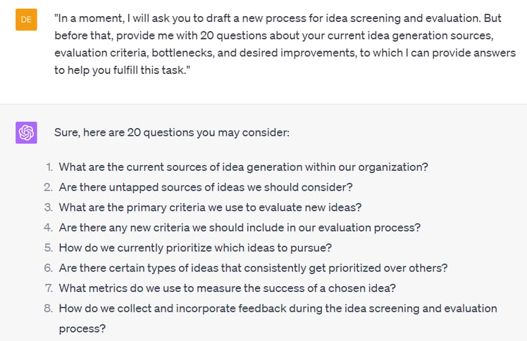 ChatGPT prompt for idea screening and evaluation