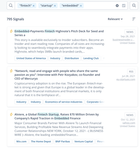 Filtered signals for startup scouting in ITONICS Insights