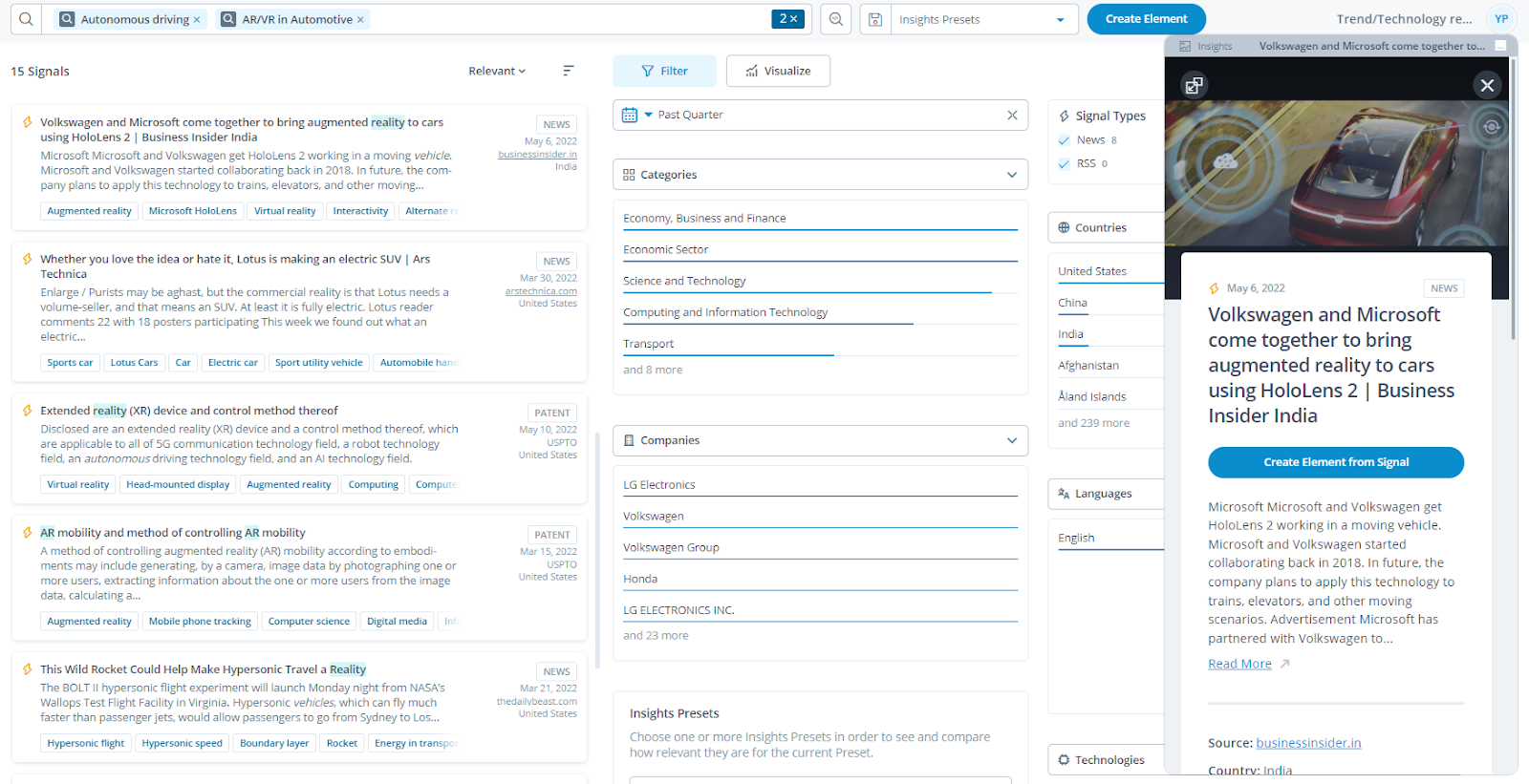 Refined Signal Search for "Autonomous Driving" with ITONICS Insights