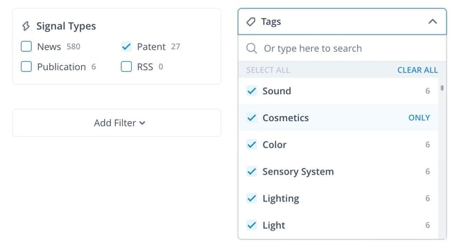 ITONICS Innovation OS: Filters to increase the ratio of relevant signals for a trend