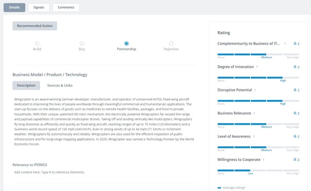 Ratings for startup Wingcopter in ITONICS