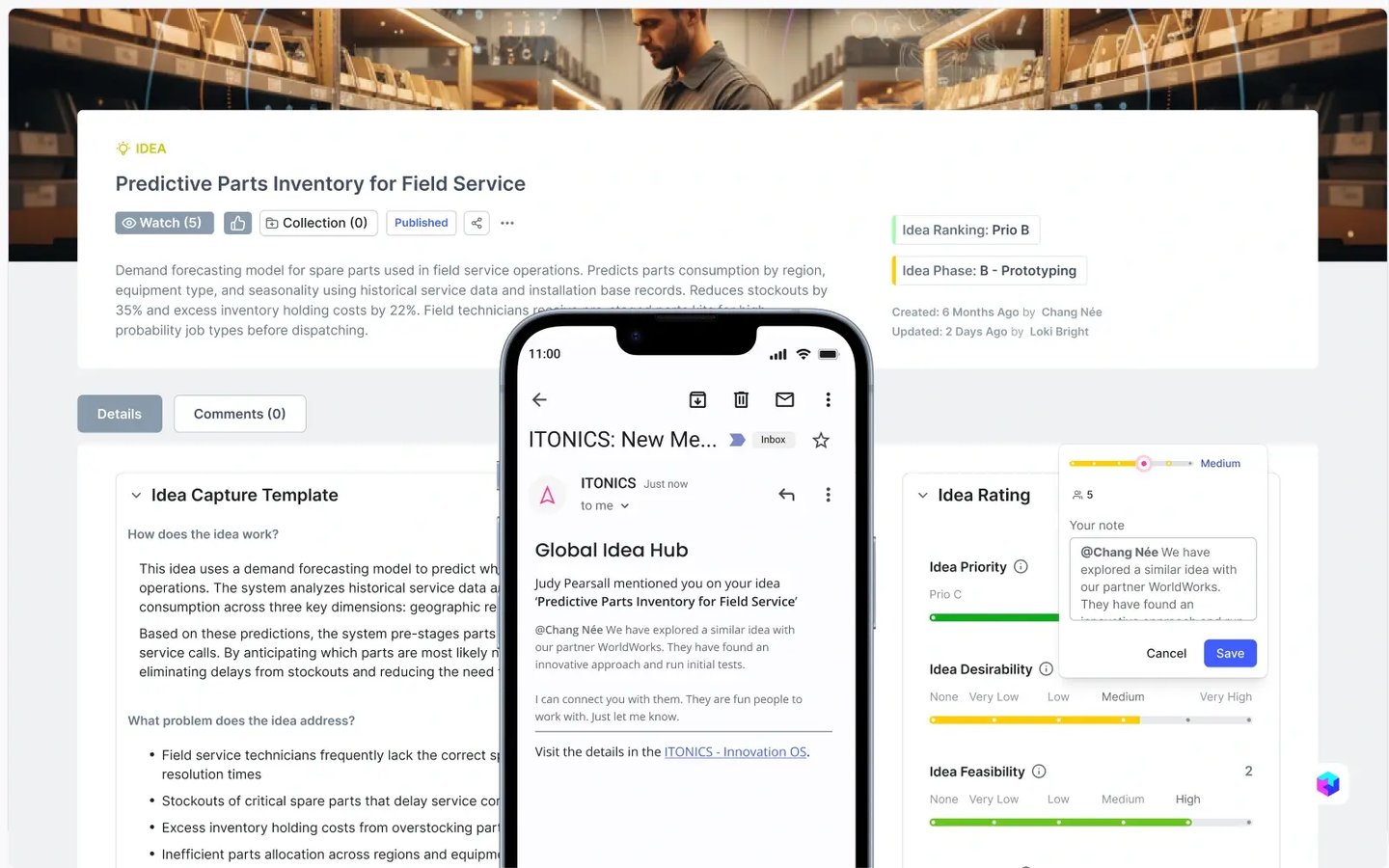Alert on a new evaluation of an idea with comments | ITONICS