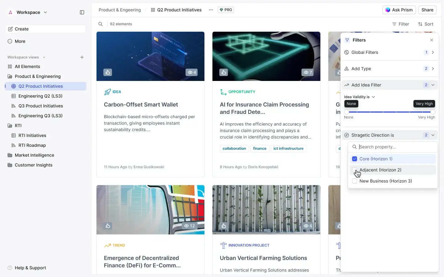 Filtering the product initiative portfolio by strategic relevance | ITONICS