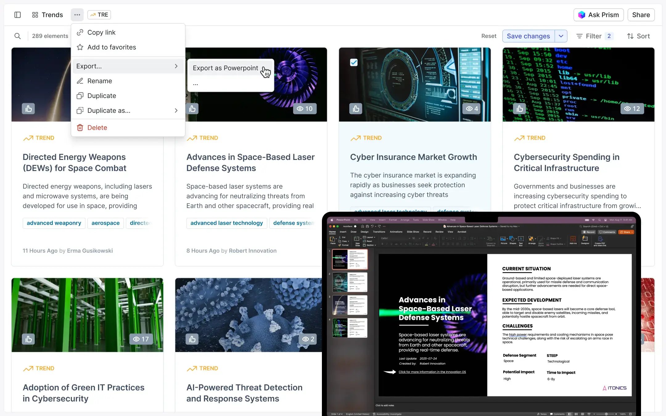 Auto-generate PowerPoint presentations from collected trends | ITONICS