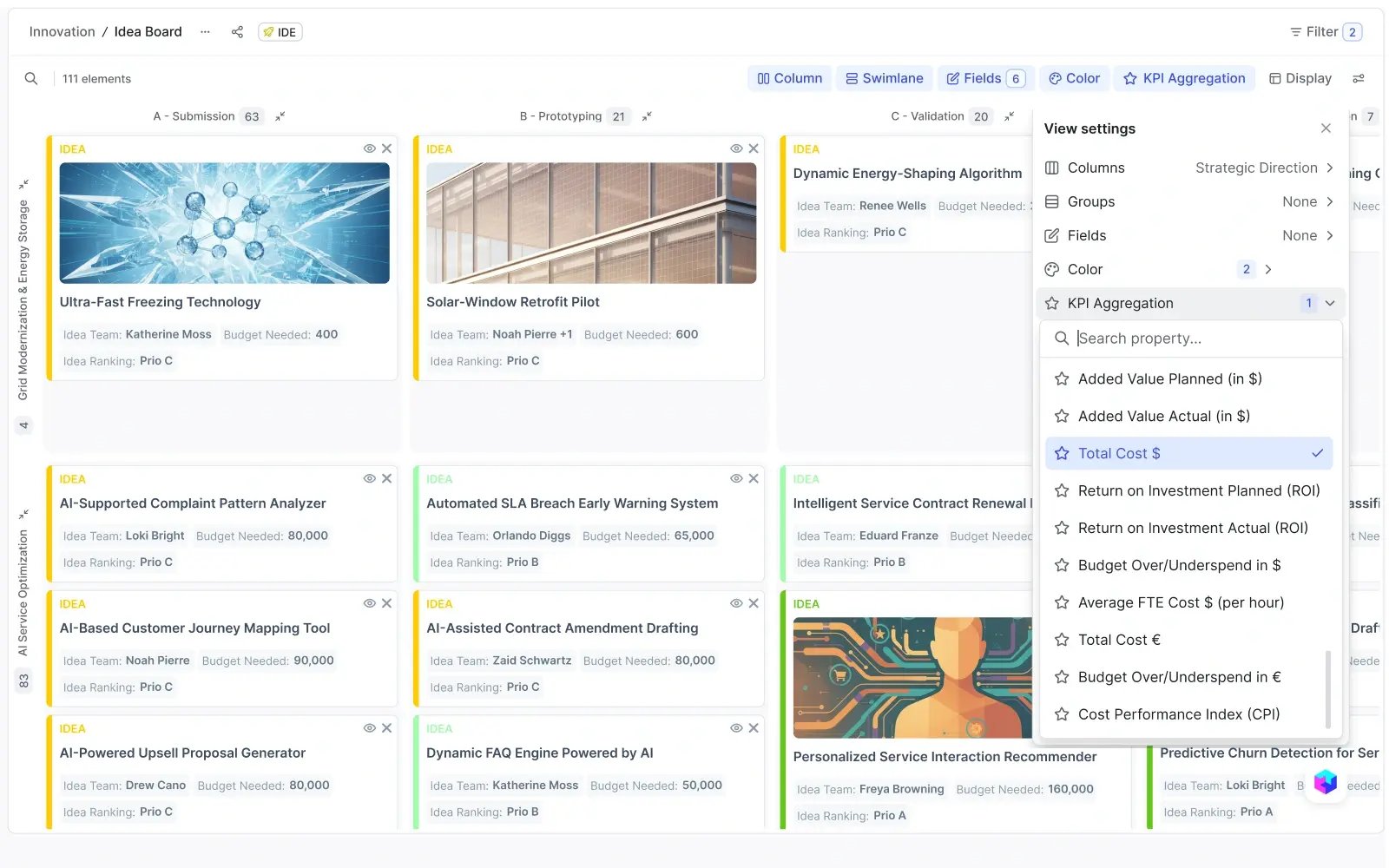 A project portfolio board with KPI aggregation