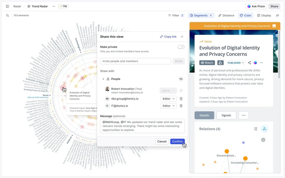 A trend radar is shared with R&amp;D and IT to highlight the updated industry landscape