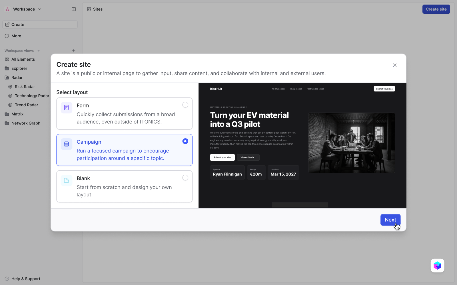 Creating a webpage to collect external ideas | ITONICS