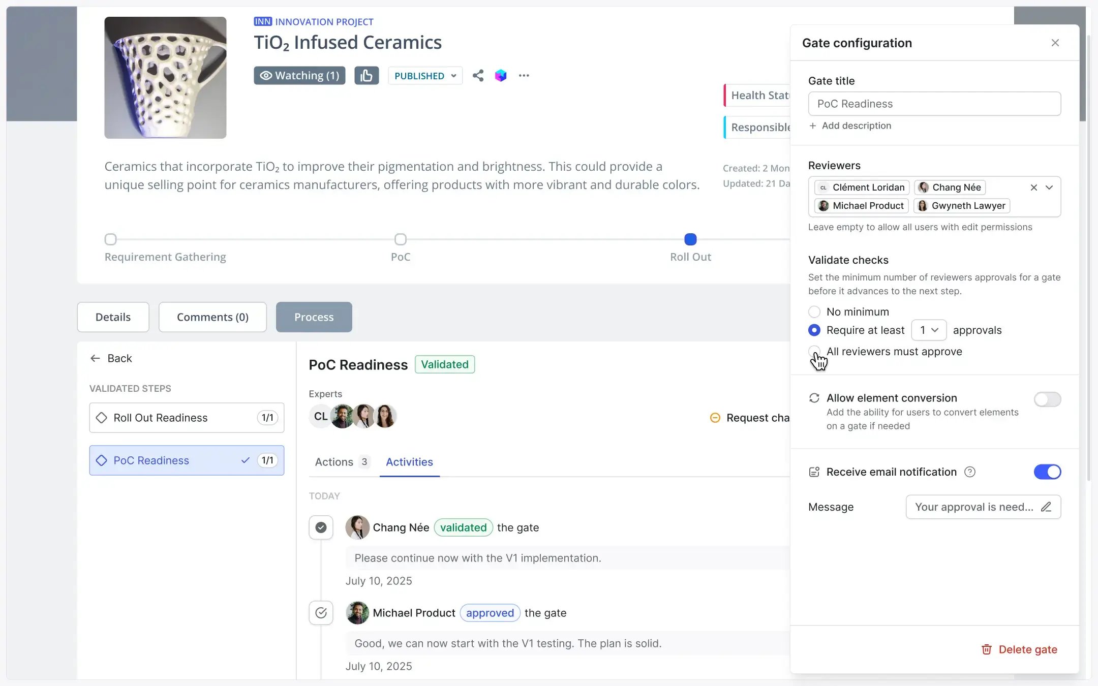 A decision gate configuration for a project workflow