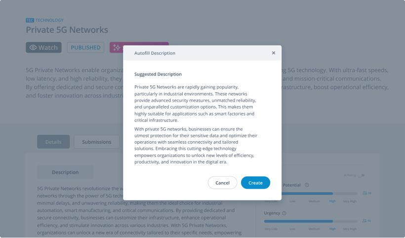 Automated descriptions for technologies in ITONICS