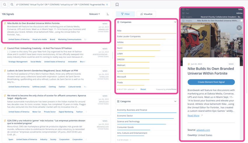 Advanced search and filter capabilities in ITONICS