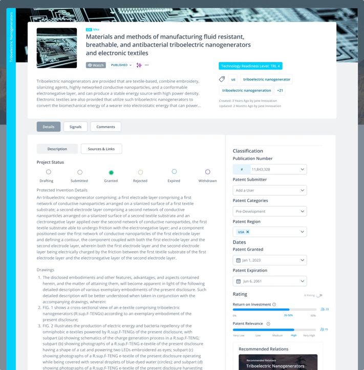 Patent Profile Page in ITONICS