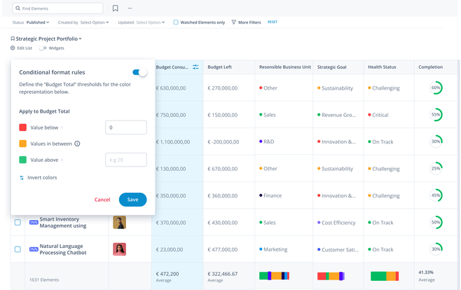 ITONICS Lists for innovation portfolio management