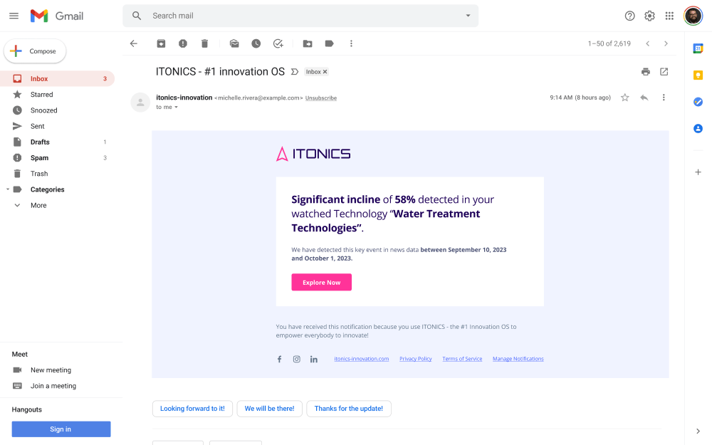 Notification from ITONICS Insights about technology development