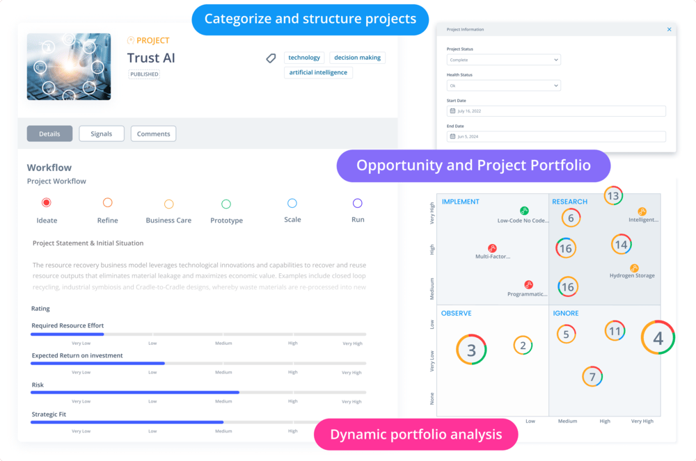 Software and features for managing innovation portfolios