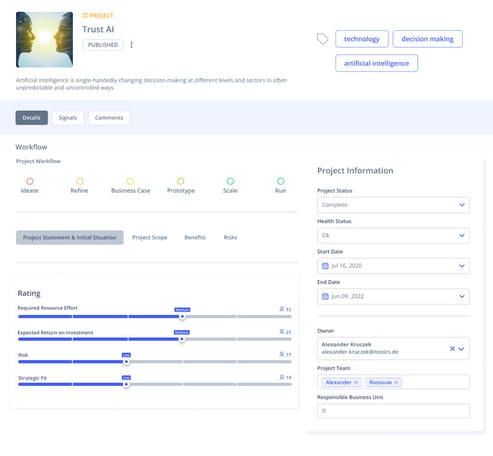 ITONICS Workflow for agile innovation project management