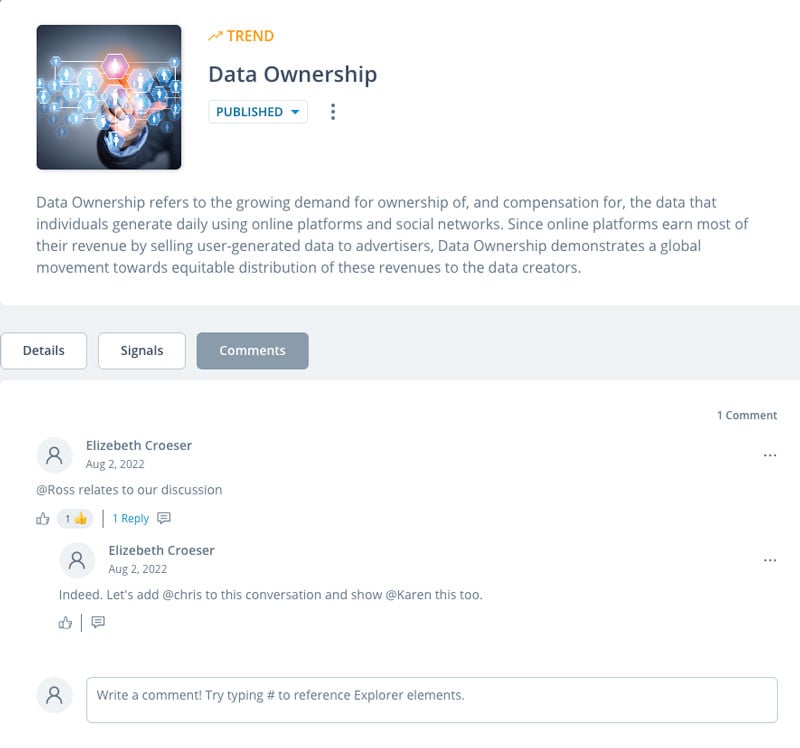 ITONICS trend scouting: Comment function to foster collaboration and participation in trend scouting