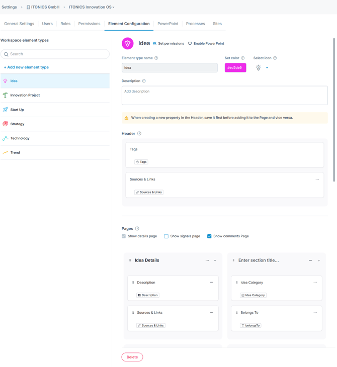 The Element Configuration Page