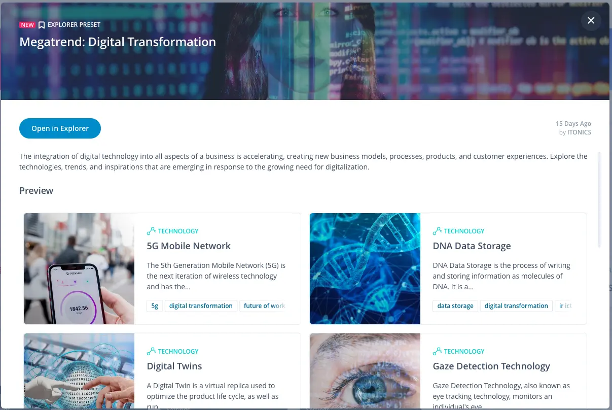 Digital Transformation preset in the ITONICS Innovation OS including all relevant trends and emerging technologies