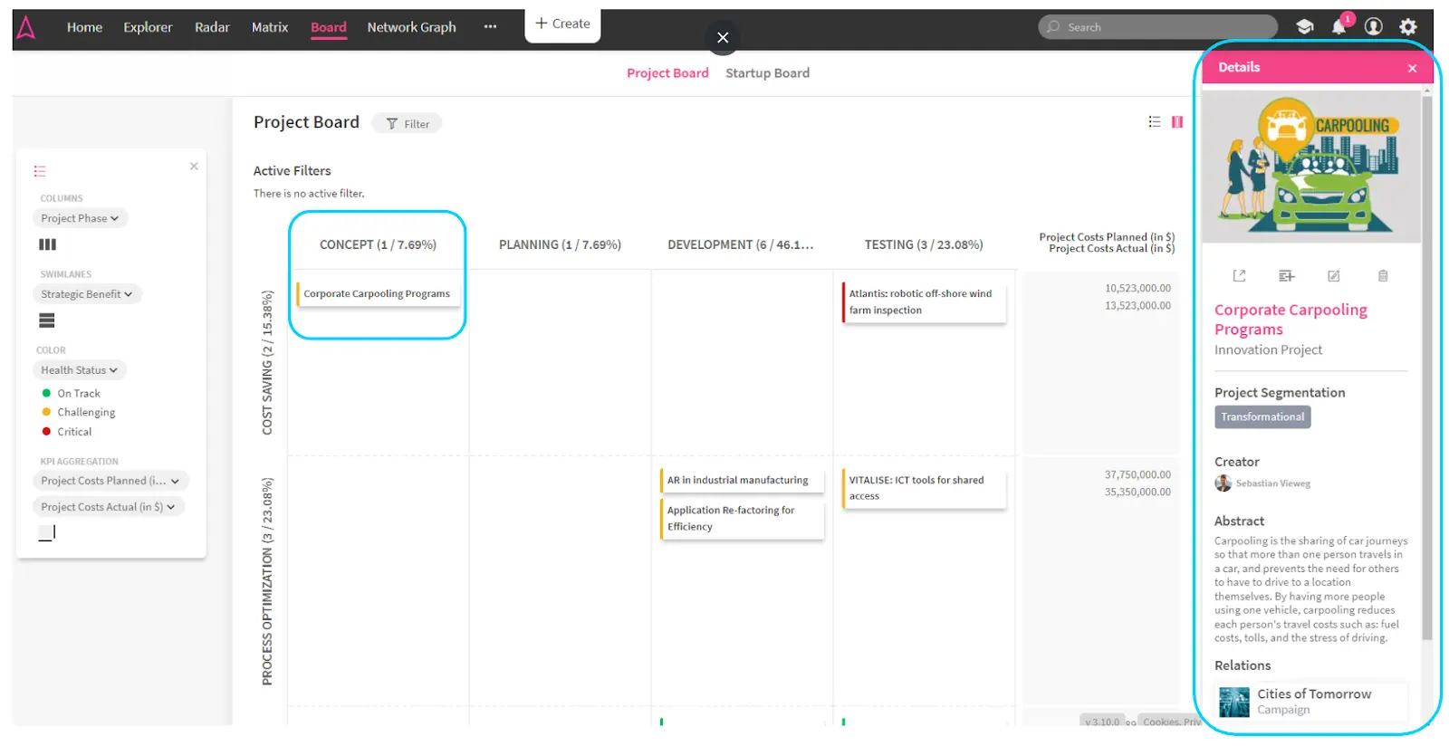 Detailed view on innovation projects on an ITONICS Project Kanban Board