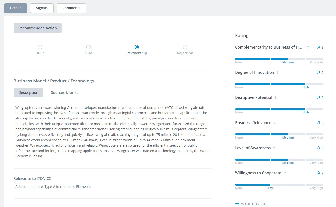 Ratings for startup Wingcopter in ITONICS