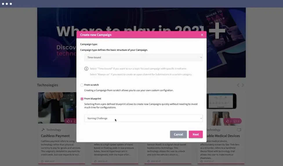Innovation campaign overview in ITONICS
