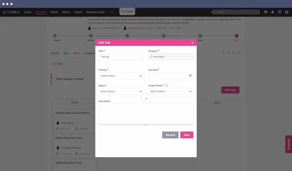 Create task in ITONICS Portfolio