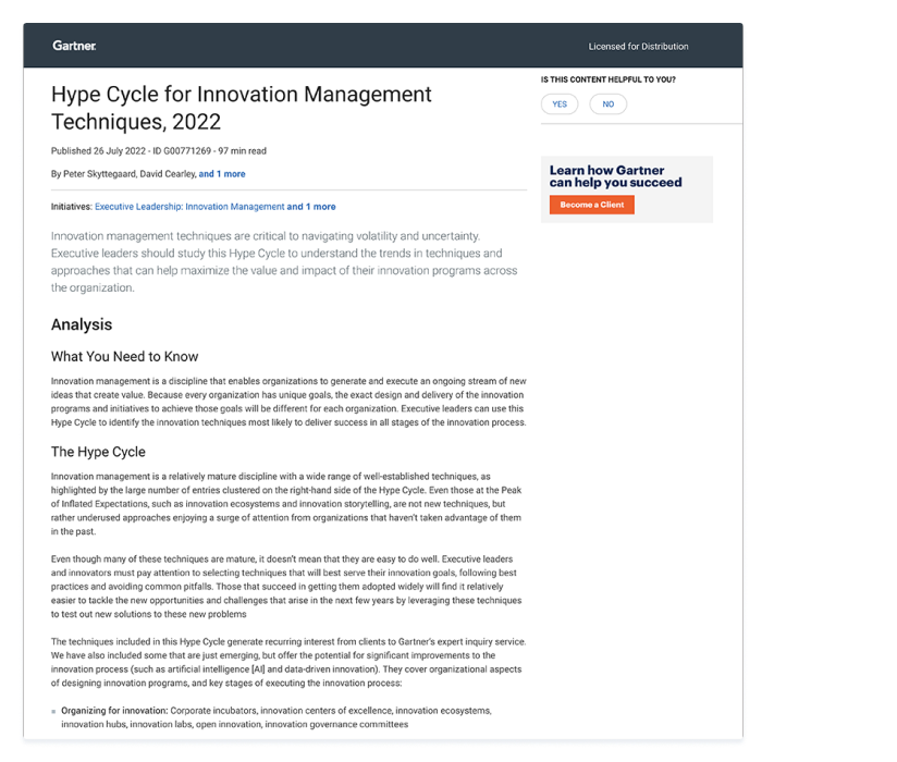 Garter Hype Cycle for Innovation Management Techniques